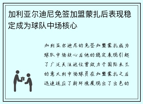 加利亚尔迪尼免签加盟蒙扎后表现稳定成为球队中场核心